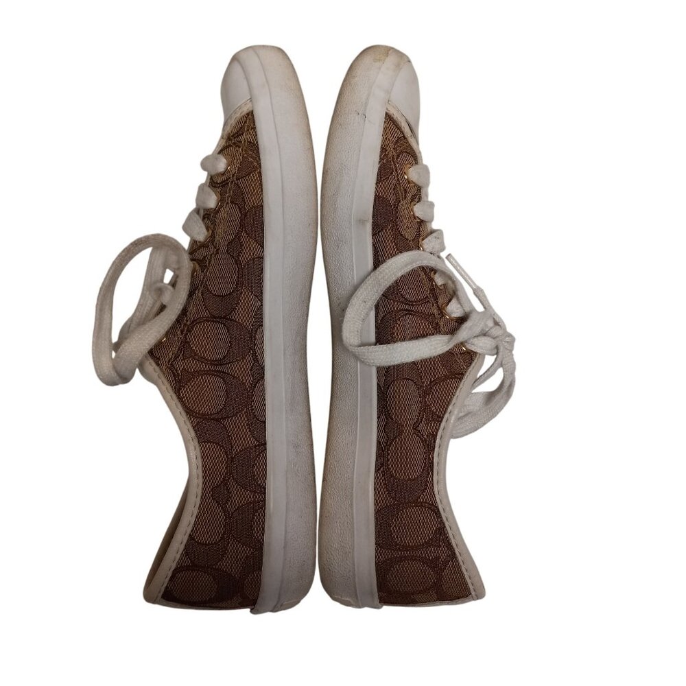 Coach Size 8 8B Sneakers Signature Canvas Lace Up Brown White Napa Leather - Picture 7 of 9